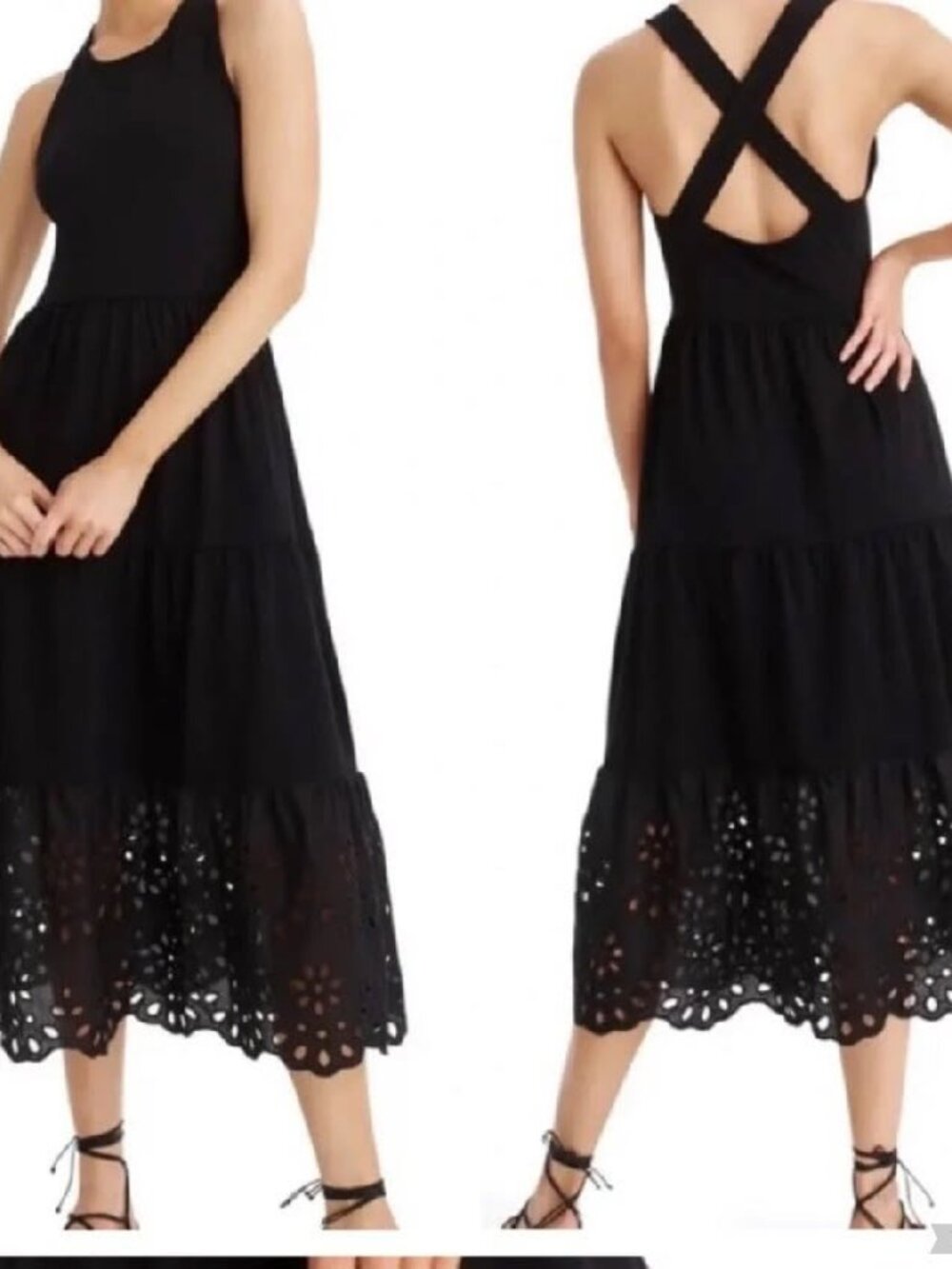 JCrew Tiered Midi Dress Embroidered Eyelet Trim Cross Back Solid Black Womens XS